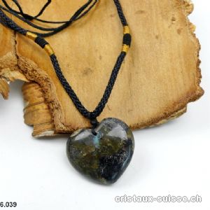 Labradorite coeur percé avec cordon réglable en tissu. Pièce unique