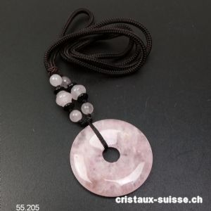 Collier Donut Quartz rose 4 cm avec cordon tissu brun foncé