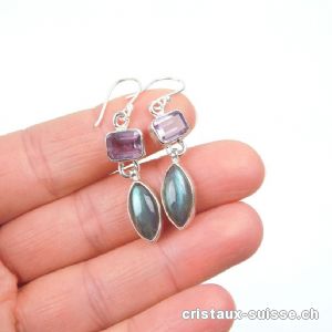 Boucles d'oreilles Labradorite - Améthyste en argent 925. Paire unique