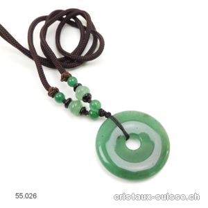 Collier Donut Aventurine verte 4 cm, avec cordon tissu brun foncé