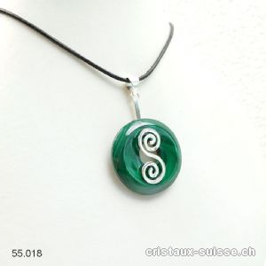 Collier Malachite donut 3 cm et Support DOUBLE SPIRALE en argent 925. Pièce unique