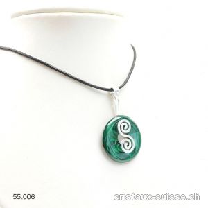 Collier Malachite donut 3 cm et Support DOUBLE SPIRALE en argent 925. Pièce unique