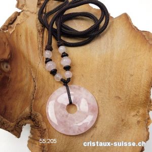 Collier Donut Quartz rose 4 cm avec cordon tissu brun foncé