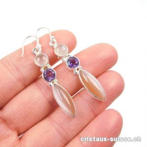 Boucles d'oreilles Pierre de Lune - Améthyste - Quartz Rose en argent 925