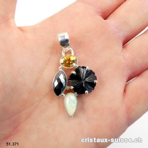 Pendentif Opale d'Ethiopie, Onyx noir - Hématite - Citrine en argent 925. Pièce unique