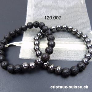 2 Bracelets Hématite et Lave 7,5-8,5 mm/19,5-20 cm. COURAGE et FORCE. Offre Spéciale