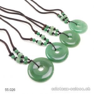 Collier Donut Aventurine verte 4 cm, avec cordon tissu brun foncé