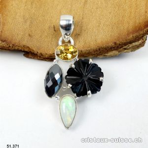 Pendentif Opale d'Ethiopie, Onyx noir - Hématite - Citrine en argent 925. Pièce unique