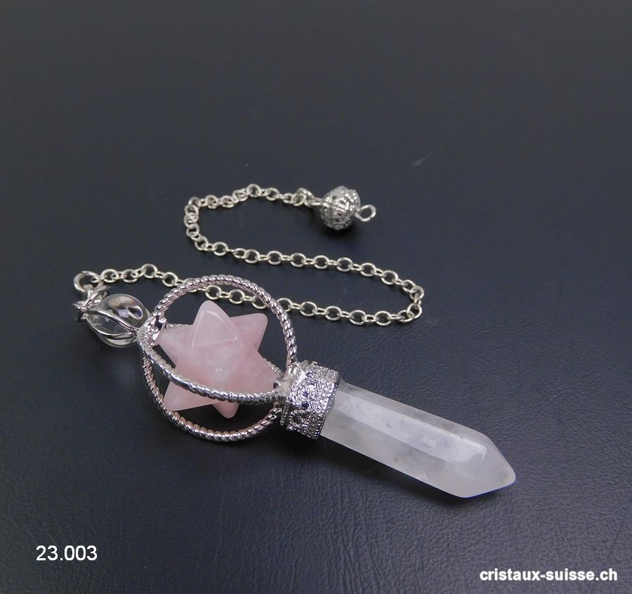 Pendule Cristal de Roche et Merkaba Quartz rose, env. 6,5 cm