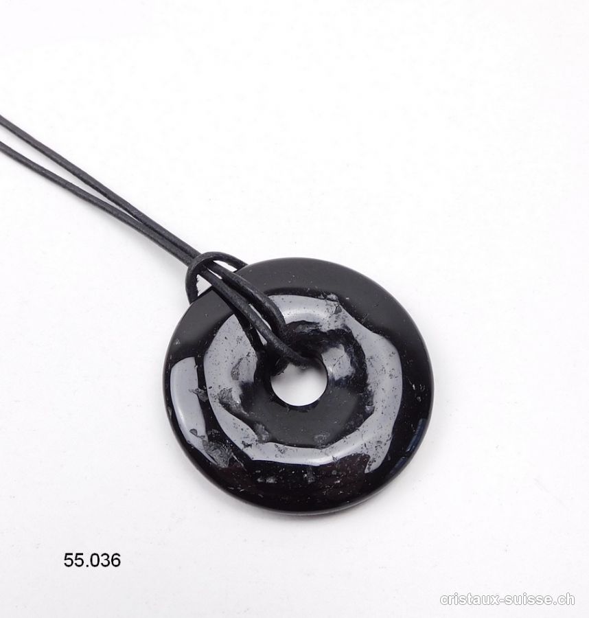 Collier Donut Tourmaline noire - Schörl 4 cm avec cordon cuir à nouer