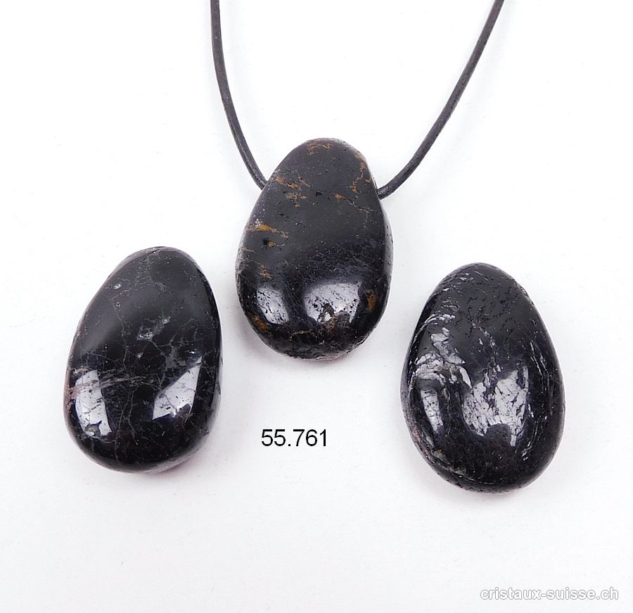 Tourmaline noire percée 2,5 - 3 cm avec cordon en cuir. Qual. B. Offre Spéciale