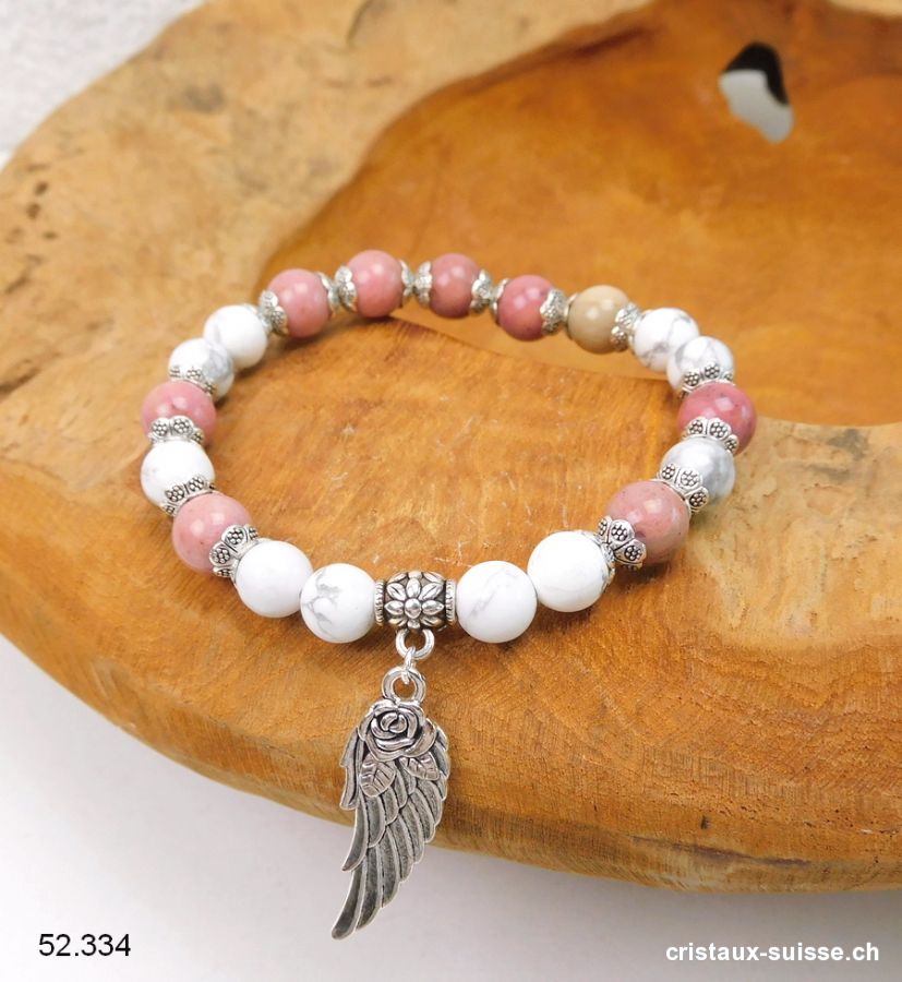 Bracelet Magnésite, Rhodonite - Aile d'Ange 8 mm / 19 cm. Taille M-L