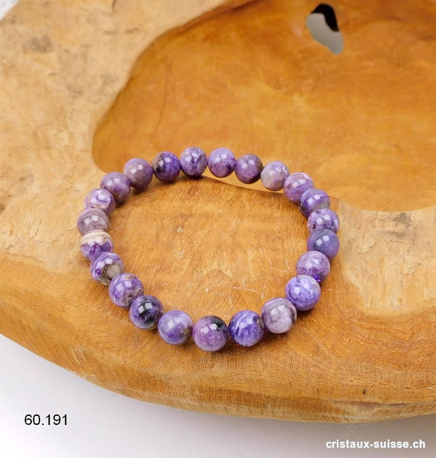 Bracelet Charoïte 8 mm, élastique 18,5 cm. Taille M