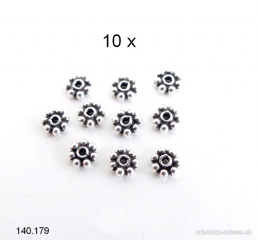 Lot 10 x Fleurs Ethno 4 mm, Intercalaire en argent 925 vieilli. OFFRE SPECIALE