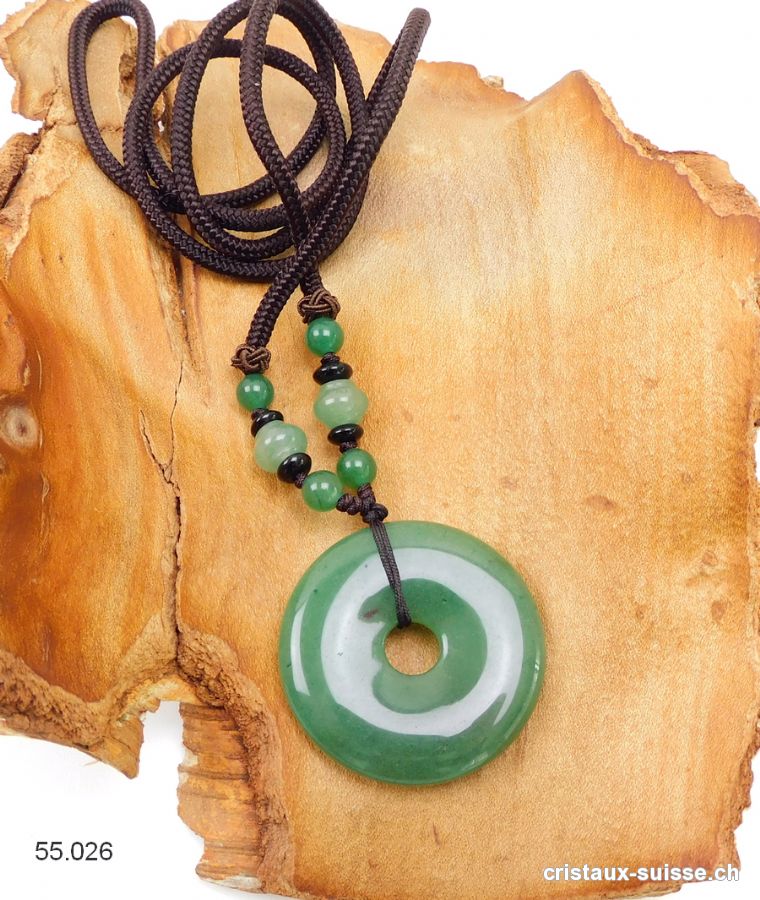 Collier Donut Aventurine verte 4 cm, avec cordon tissu brun foncé