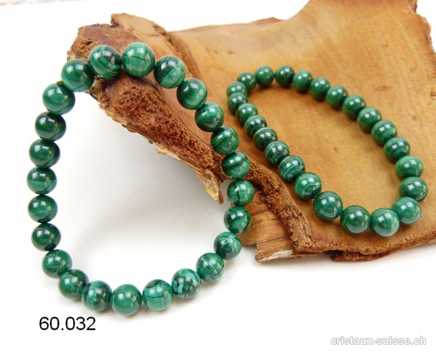 Bracelet Malachite 8 mm, élastique 19-19,5 cm. Qual. A