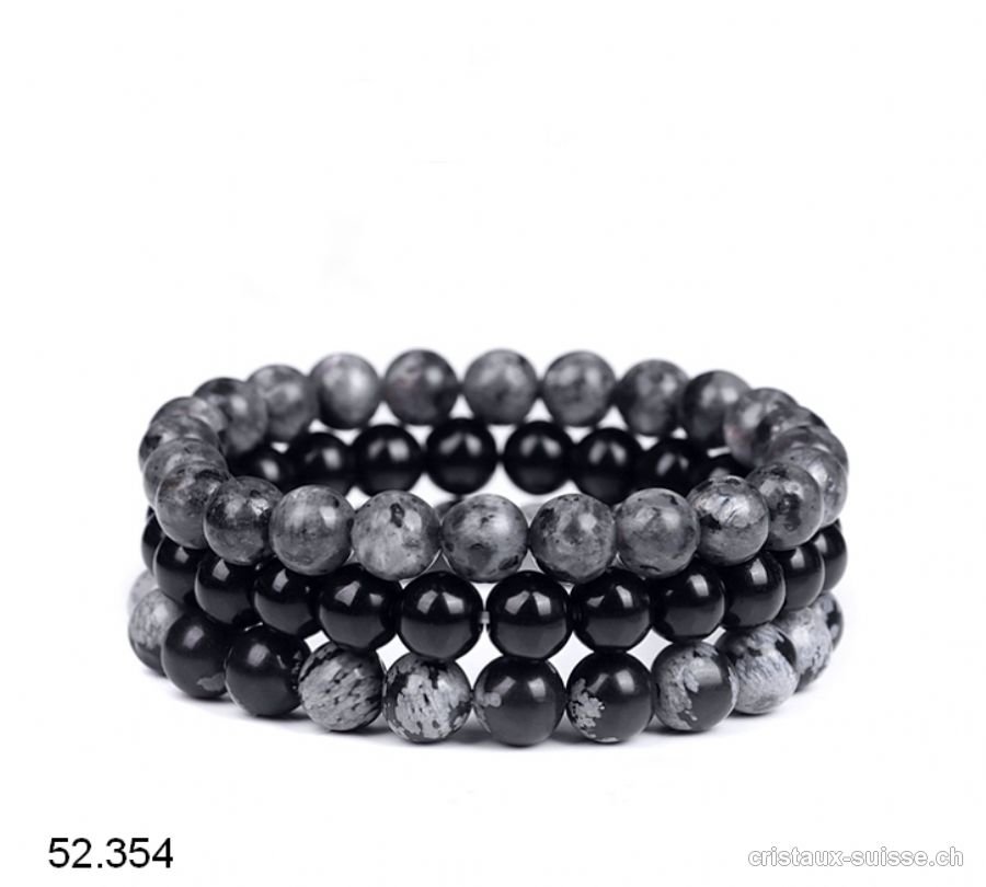 3 bracelets Larvikite-Onyx-Obsidienne Flocons de Neige