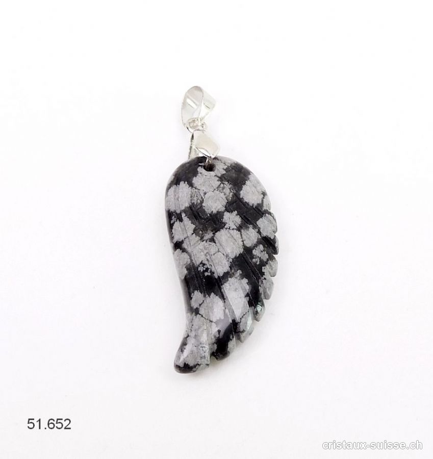 Pendentif Obsidienne Flocons de Neige, Aile d'Ange 3,5 cm avec boucle métal