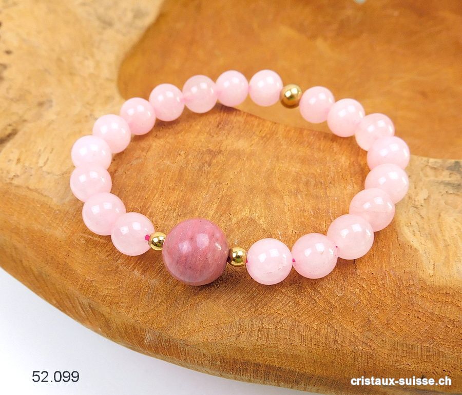 Bracelet Quartz rose - Rhodonite 8,5 mm / 18 cm. Taille M