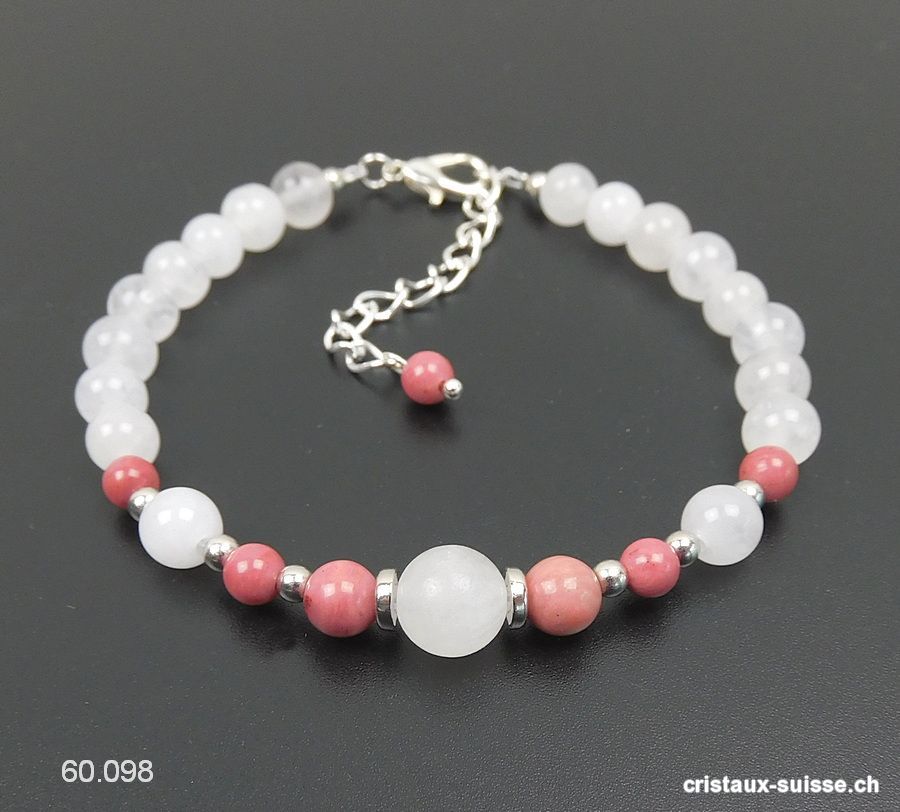 Bracelet Rhodonite - Jade blanc avec fermoir métal, Réglable 19 - 23,5 cm