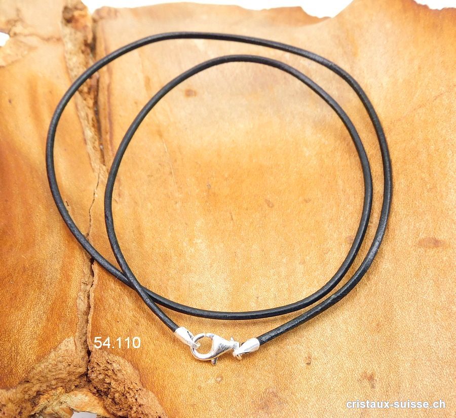 Collier cuir noir / fermoir argent 925. L. 80 cm