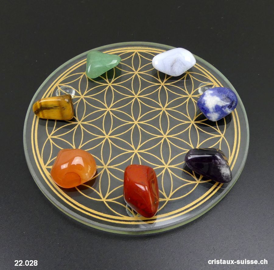 Kit Chakras avec 7 cristaux et plateau en verre Fleur de Vie 9 cm