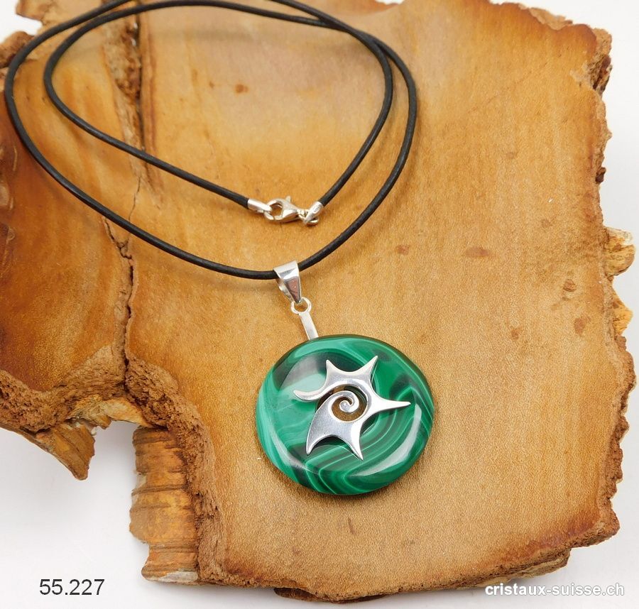 Collier Malachite donut 3 cm et Support SOLEIL en argent 925. Pièce unique