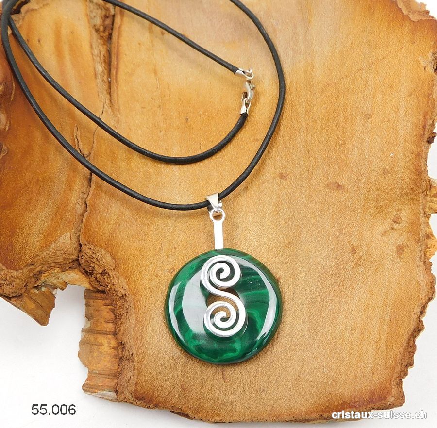 Collier Malachite donut 3 cm et Support DOUBLE SPIRALE en argent 925. Pièce unique