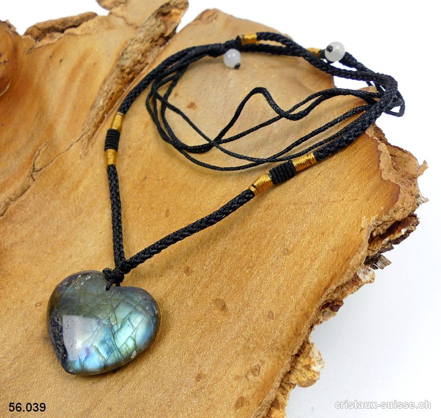 Labradorite coeur percé avec cordon réglable en tissu. Pièce unique