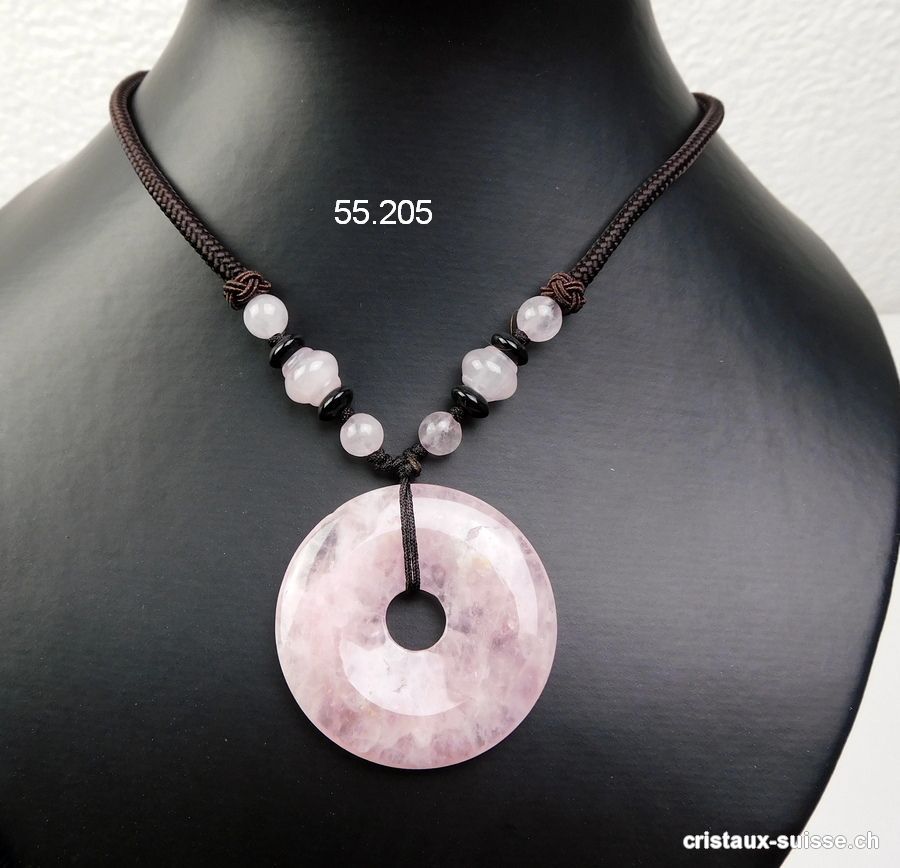 Collier Donut Quartz rose 4 cm avec cordon tissu brun foncé