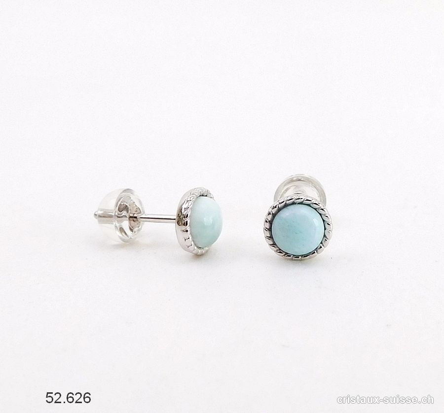 Clous d'oreilles Larimar cabochons 6 mm en argent 925 rhodié