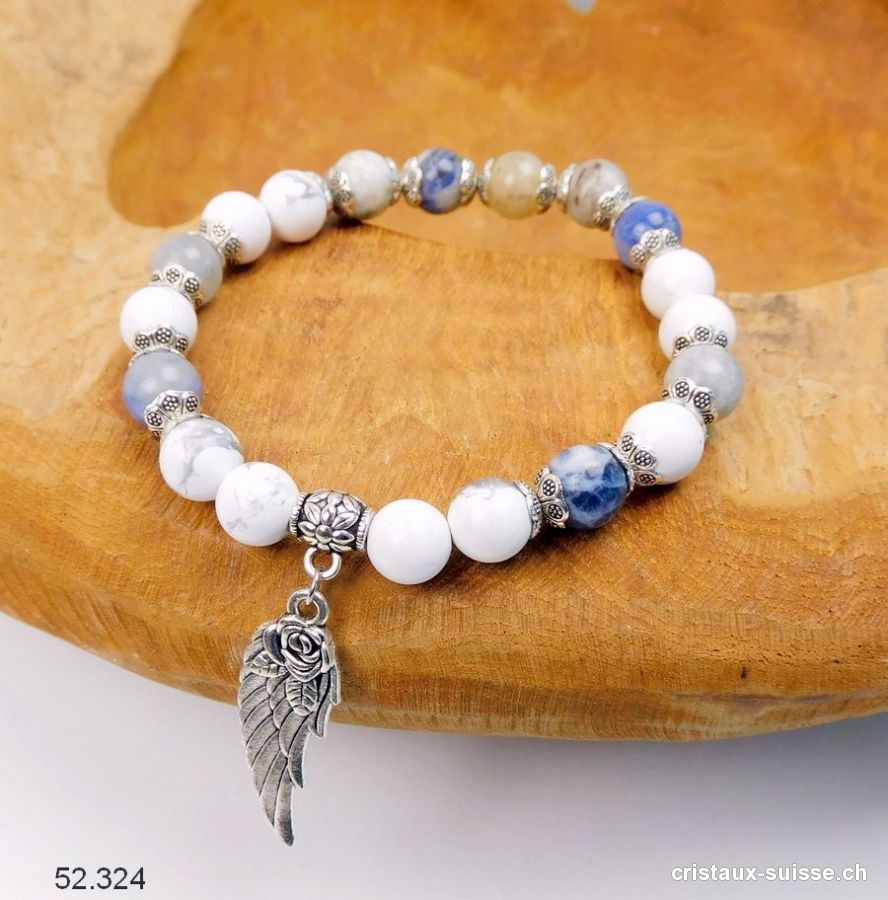 Bracelet Magnésite, Sodalite, Agate - Aile d'Ange 8 mm / 19 cm. Taille M-L