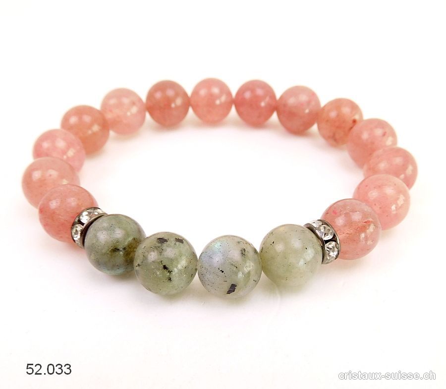 Bracelet Quartz Fraise - Labradorite 10 mm / 18,5 cm. Taille M