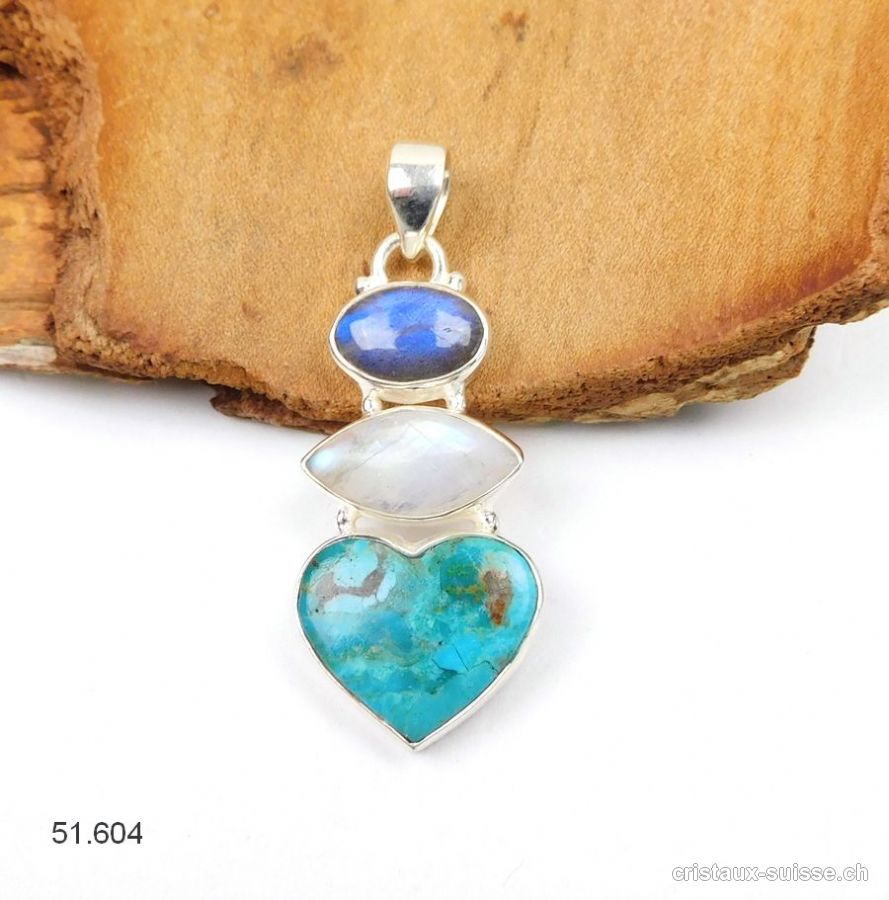 Pendentif Chrysocolle, Labradorite, Pierre de Lune en argent 925. Pièce unique