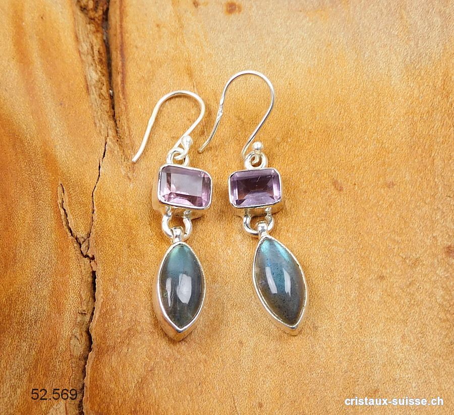 Boucles d'oreilles Labradorite - Améthyste en argent 925. Paire unique