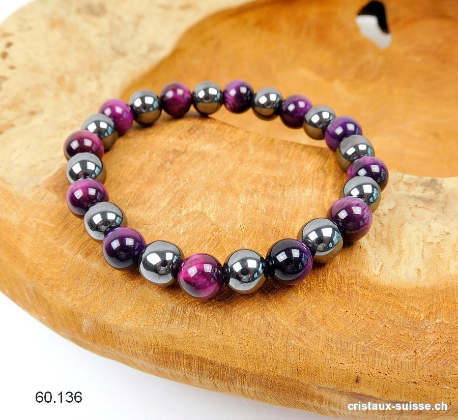 Bracelet Oeil de Tigre violet-fuchsia - Hématite 8 - 8,5 mm / 19 cm