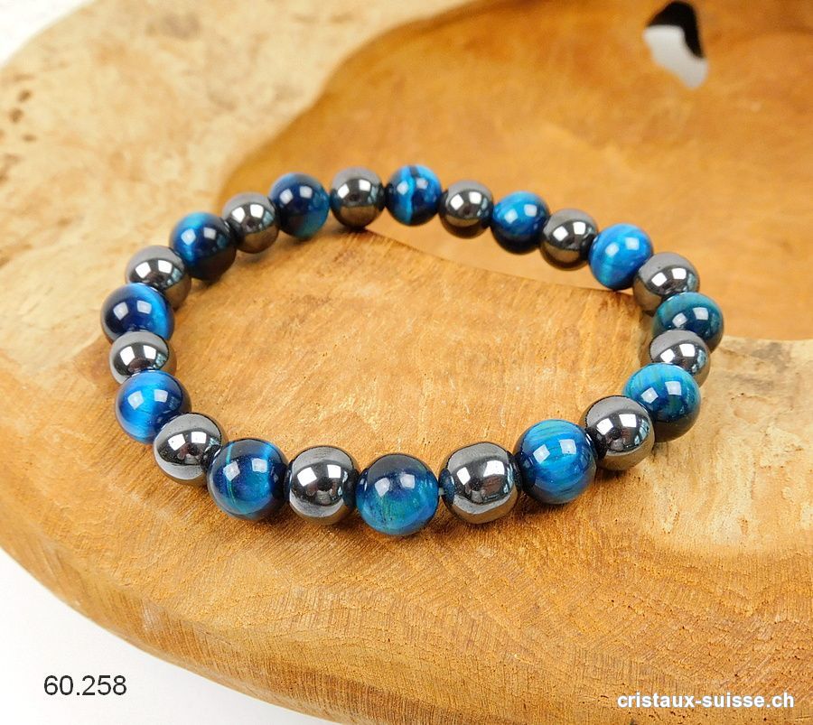 Bracelet Oeil de Tigre bleu - Hématite 8 - 8,5 mm / 19 cm