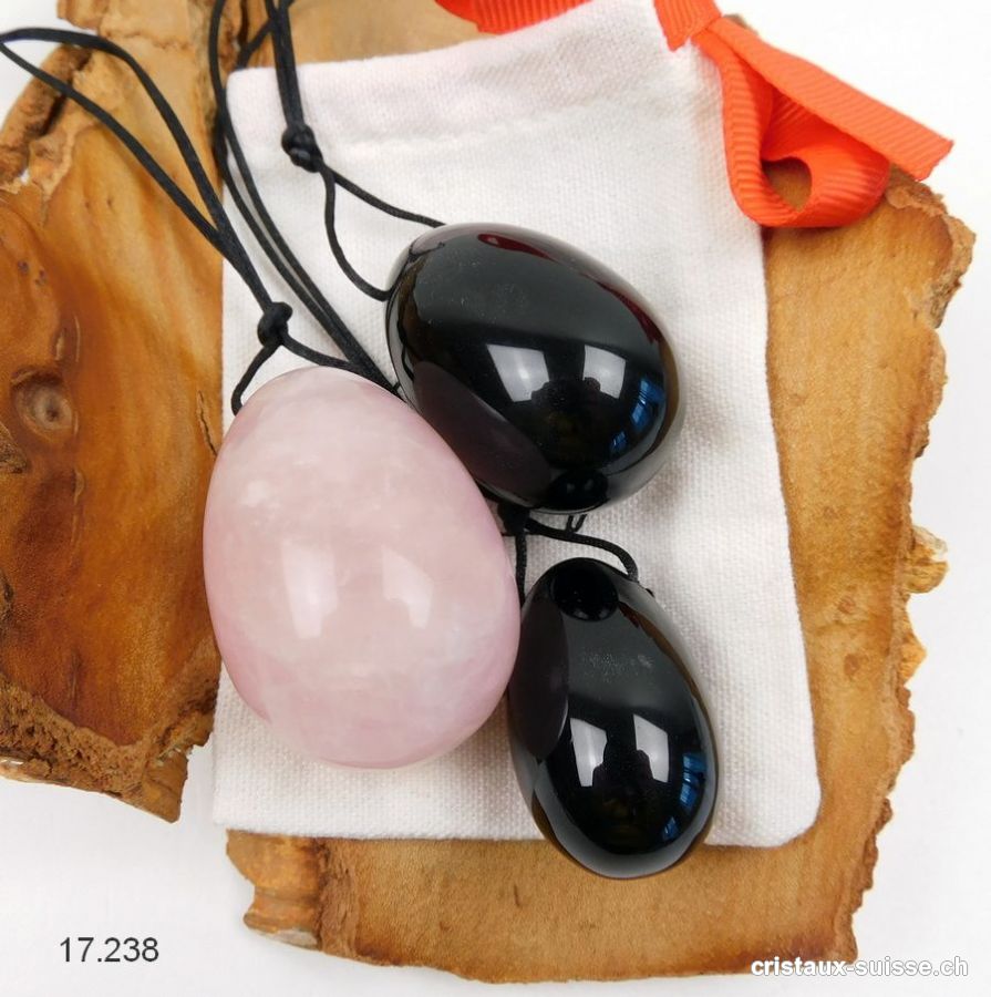 Lot 3 Oeufs YONI Quartz rose et Obsidienne noire. Percés. Offre Spéciale