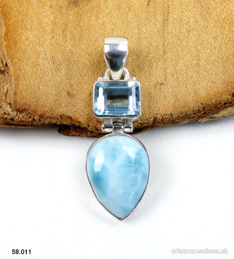 Pendentif Larimar et Topaze bleue en argent 925. Pièce unique