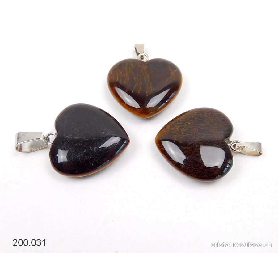 3 Pendentifs Oeil de Tigre Coeur, boucle métal. Lot unique