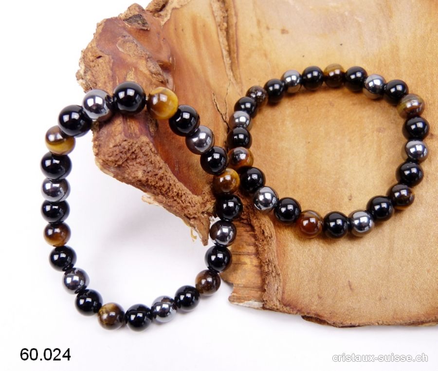 Bracelet Oeil de Tigre-Hématite-Obsidienne 8 mm, élastique 19 cm