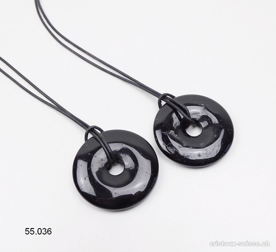 Collier Donut Tourmaline noire - Schörl 4 cm avec cordon cuir à nouer