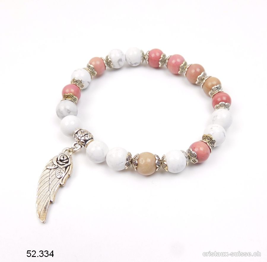 Bracelet Magnésite, Rhodonite - Aile d'Ange 8 mm / 19 cm. Taille M-L