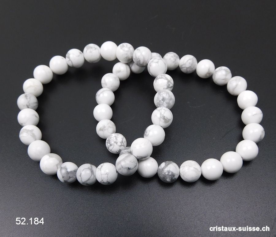 Bracelet Magnésite - Howlite blanche 8 mm, élastique 19 cm