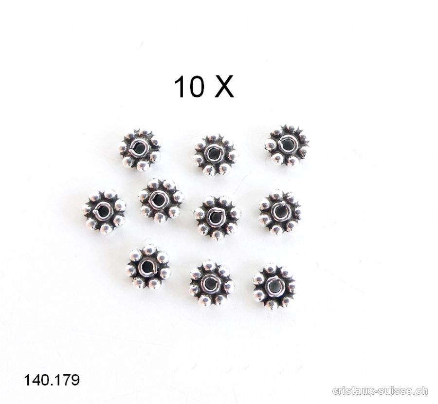 Lot 10 x Fleurs Ethno 4 mm, Intercalaire en argent 925 vieilli. OFFRE SPECIALE