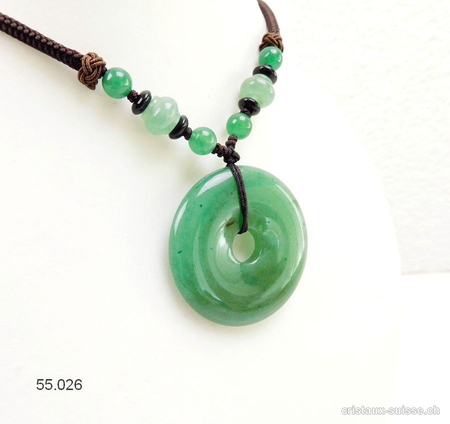 Collier Donut Aventurine verte 4 cm, avec cordon tissu brun foncé