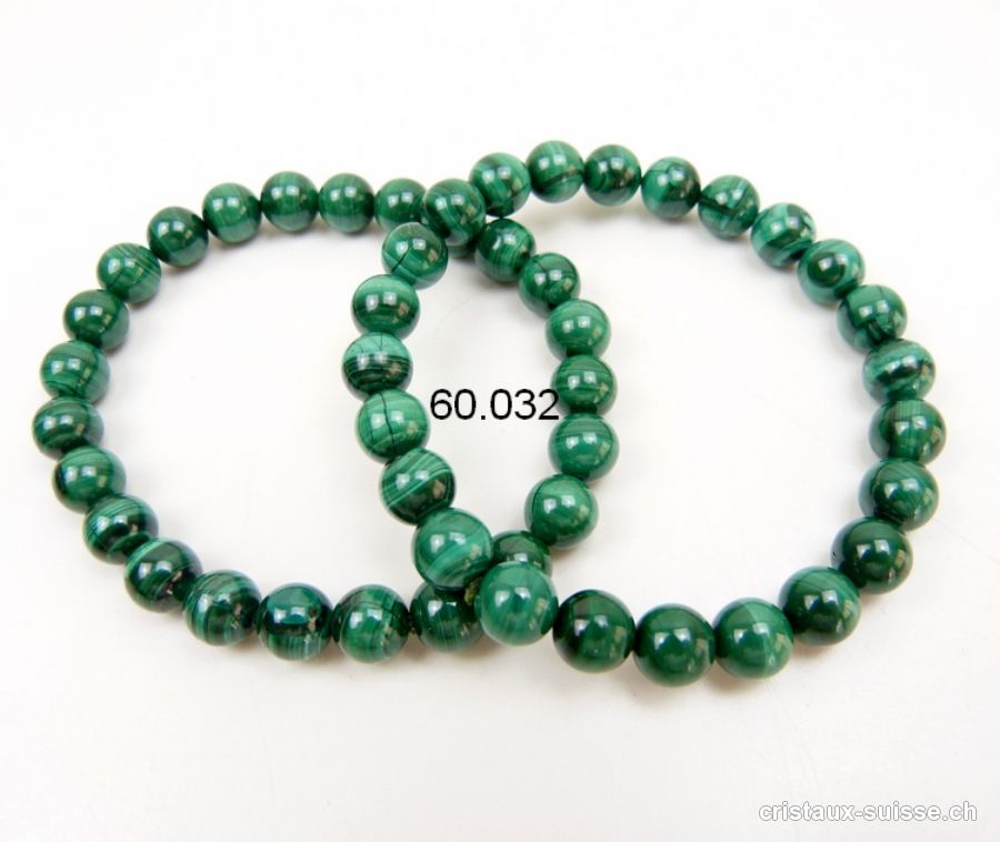 Bracelet Malachite 8 mm, élastique 19-19,5 cm. Qual. A