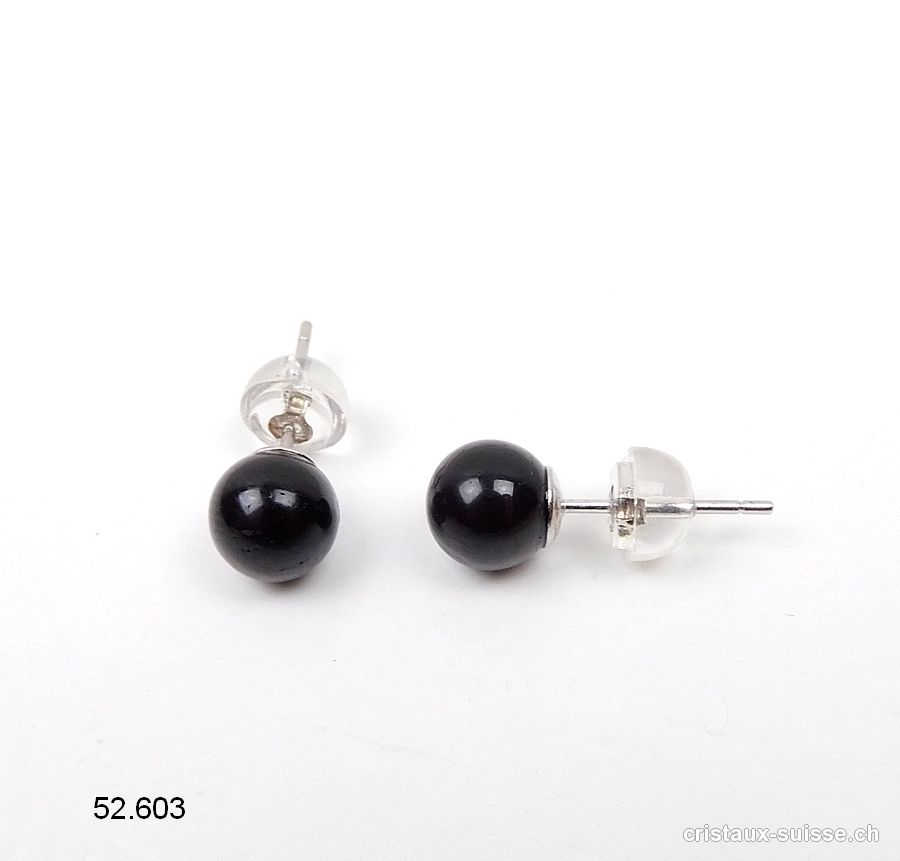 Clous d'oreille Tourmaline noire - Schörl, boule 5 - 6 mm en argent 925