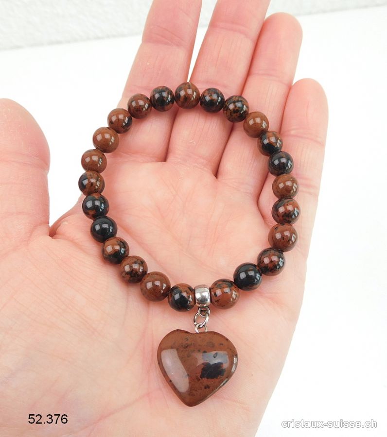 Bracelet Obsidienne Acajou 8 mm avec Coeur / élastique 18,5 cm