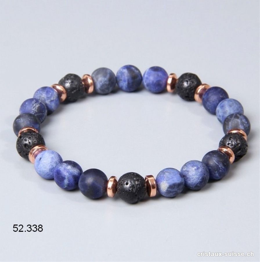 Bracelet Sodalite MATTE avec Lave 8 mm, élastique 19 cm